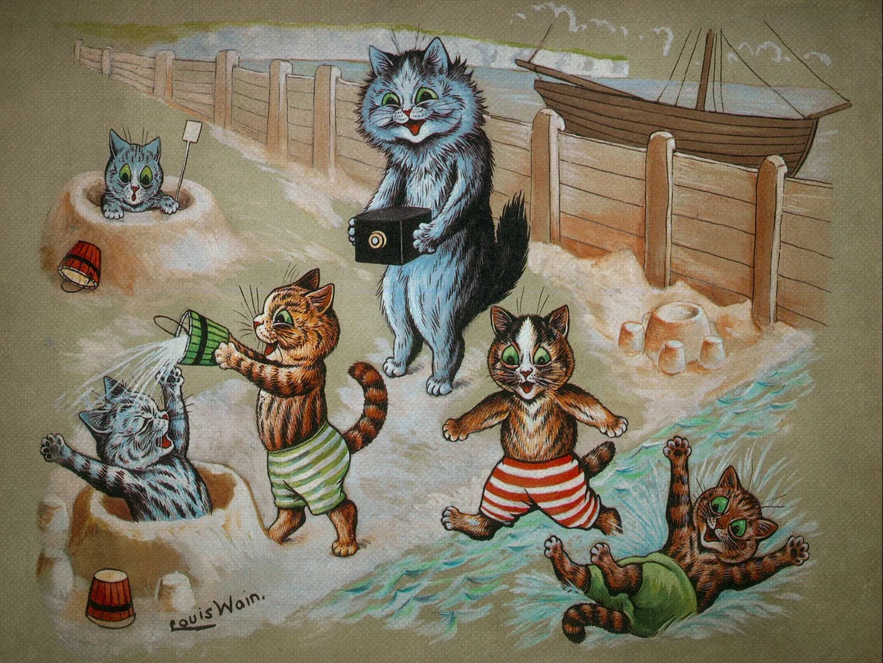 The Electrical Life of Louis Wain (2021) movie still: wide — Anthropomorphic cats play on a sandy shoreline with wooden fencing and a boat. The…