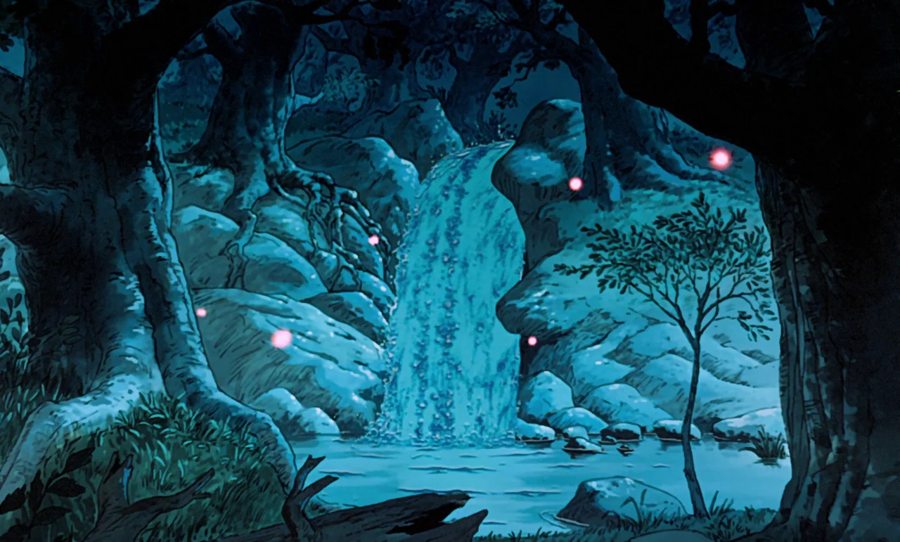 Robin Hood (1973) movie still: establishing — A waterfall flows between dark tree trunks and smooth boulders at night. Small pink glowing orbs drift…