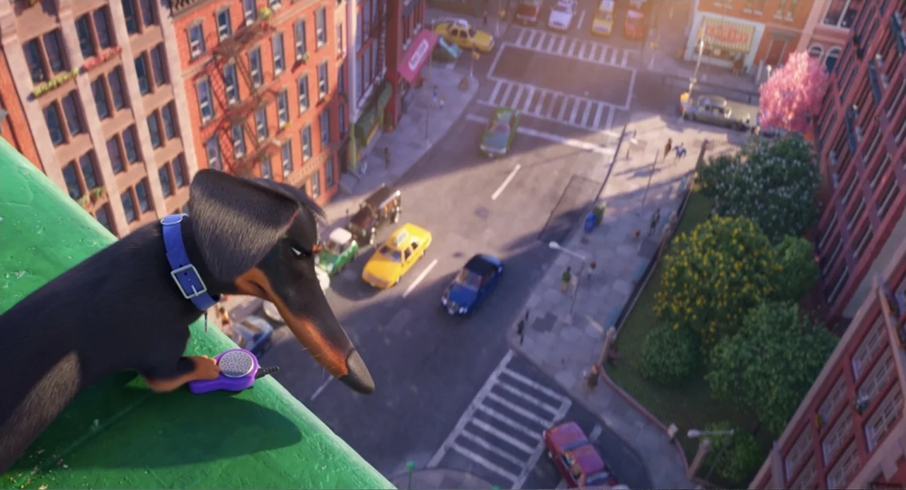 The Secret Life of Pets 2 (2019) movie still: wide — A high-angle view captures a dense urban intersection with brownstone buildings and city…