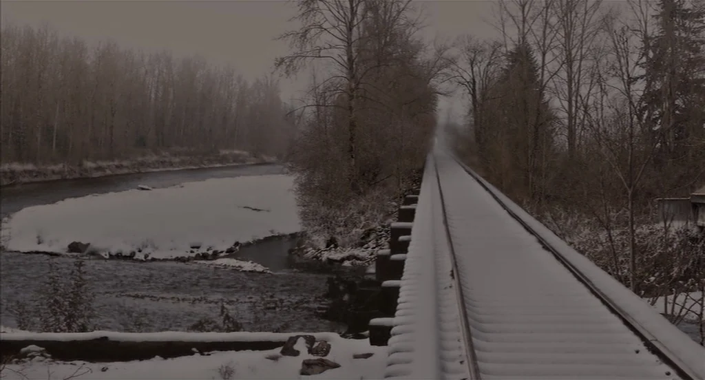 Restless (2011) movie still: establishing — A snow-covered railway bridge stretches across a cold river flowing through a dense forest. Leafless…
