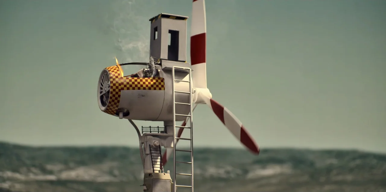 31 Minutes: One Hot Christmas (2025) movie still: medium — A wind turbine with a checkered housing and small tower stands against a sky. The turbine…