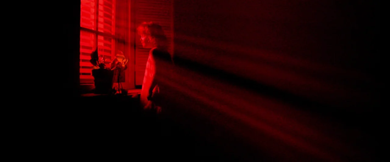 Moon Garden (2022) movie still: medium — A darkened interior room is illuminated by a single intense red light source. A young child stands in…
