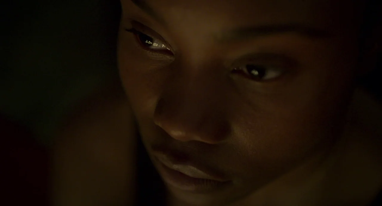 Zombi Child (2019) movie still: closeup — An interior space is cast in darkness with a single sliver of light. A woman's face is partially…