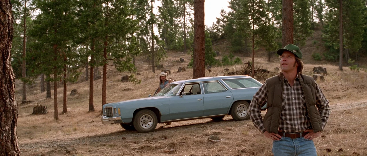 Fire In The Sky (1993) movie still: fullbody — A clearing in a pine forest with scattered tree stumps and dry brown grass. A man in the foreground…