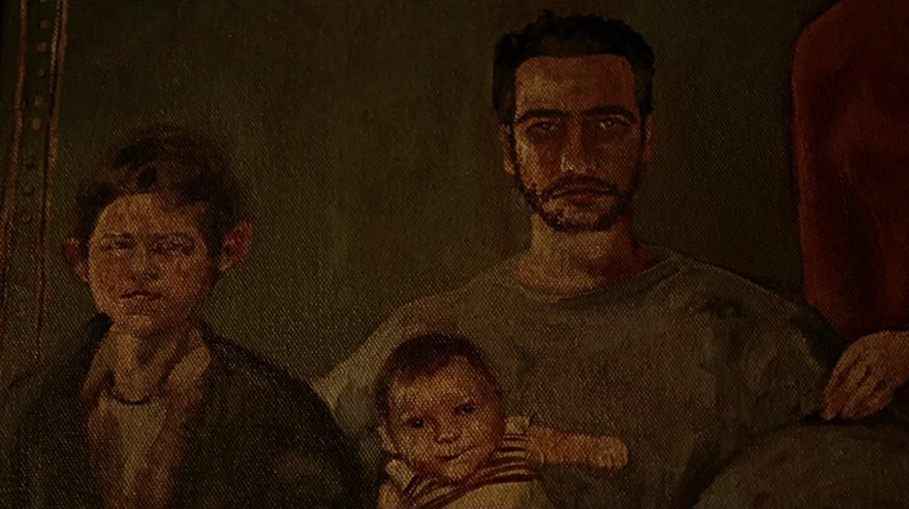 Undertow (2004) movie still: medium — This is a close-up section of a textured oil painting depicting a family group. The figures are rendered with…