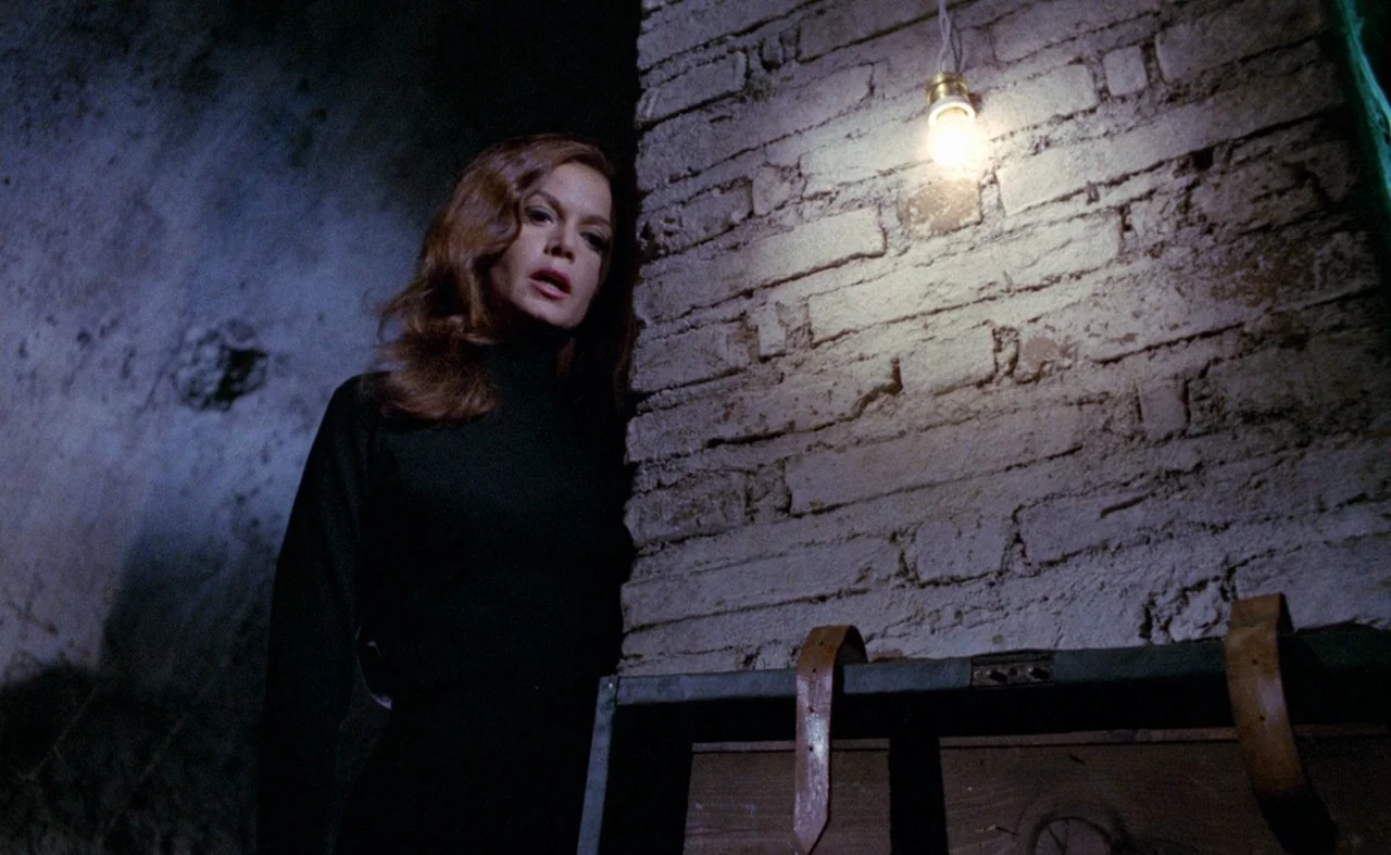 Blood And Black Lace (1964) movie still: medium — A dimly lit basement room features a coarse, unpainted brick wall texture. A woman in a dark…