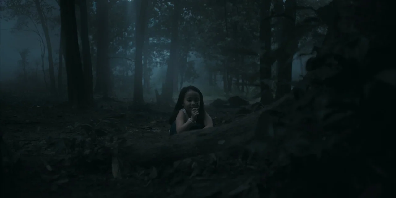 Host (2020) movie still: medium — A dense forest at night is filled with thick ground fog and towering trees. A young girl sits on the forest floor,…