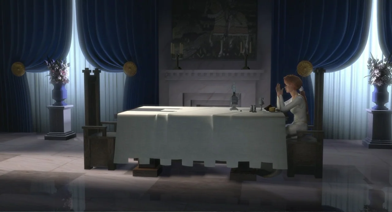 Shrek (2001) movie still: wide — A spacious stone dining hall features dark blue curtains and an ornate fireplace mantel. A woman sits alone at the…