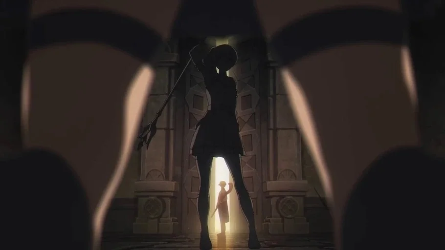 Frieren: Beyond Journey's End (2023) movie still: fullbody — A stone corridor leads to an open gate illuminated by blinding light. A silhouetted…