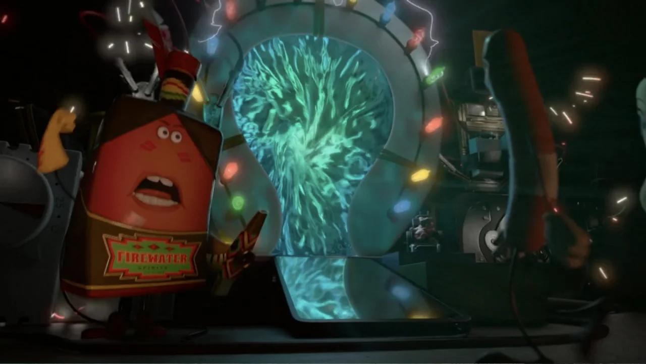 Sausage Party (2016) movie still: medium — A dimly lit pantry interior features a swirling green energy portal decorated with Christmas lights. A…