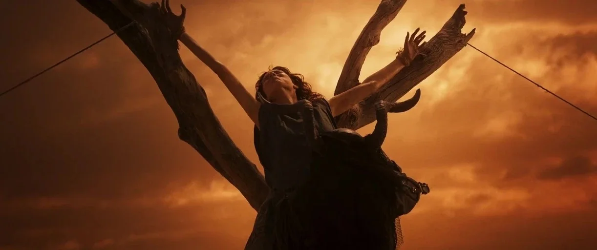 Furiosa: A Mad Max Saga (2024) movie still: medium — A dark, leafless wooden structure stands against a vibrant, glowing orange sunset sky. A young…