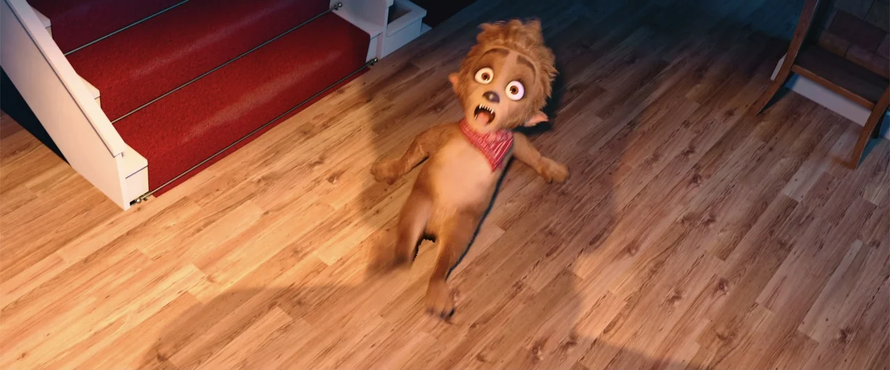 Happy Family (2018) movie still: medium — A wooden staircase landing features a red carpet runner and light-colored laminate flooring. A stylized…