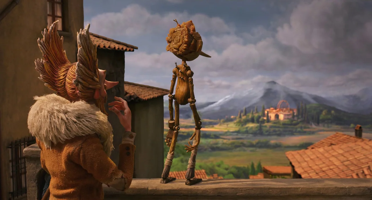 Guillermo del Toro’s Pinocchio (2022) movie still: medium — A stone balcony overlooking a rural landscape with terracotta-roofed buildings and…