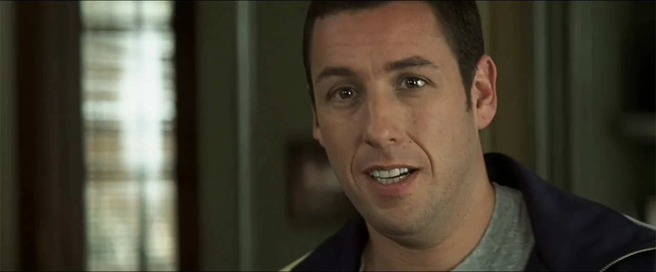 Anger Management (2003) movie still: closeup — A man stands in an interior domestic setting with blurred background architectural details. He faces…