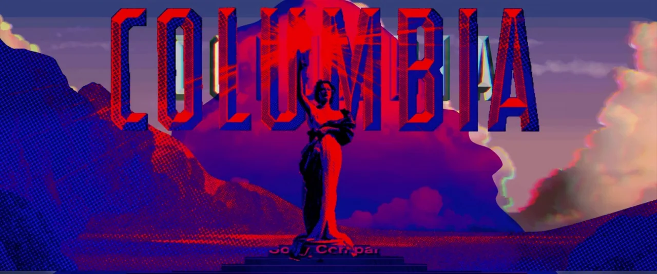 Spider-Man: Into the Spider-Verse (2018) movie still: establishing — A stylized graphic version of the Columbia Pictures studio logo features a…
