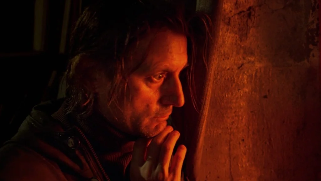 The Ugly Swans (2006) movie still: closeup — A man stands indoors next to a textured, rough wall illuminated by orange light. The man has brown hair…