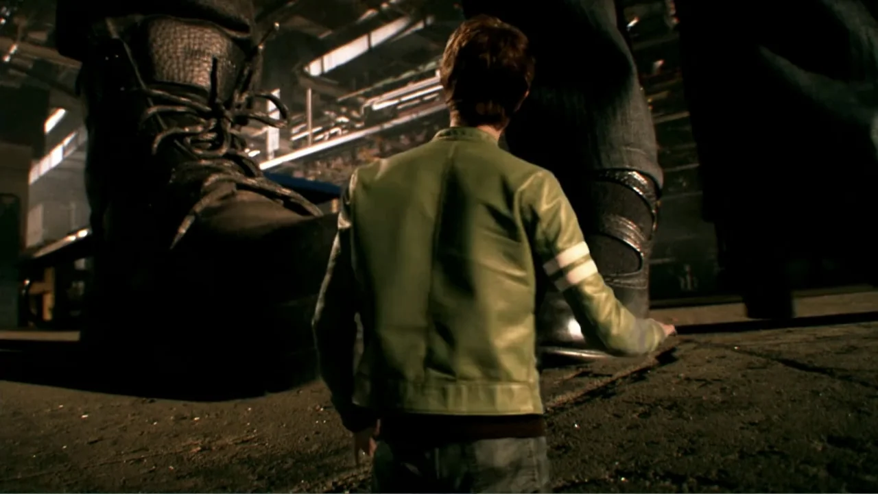 Ben 10: Race Against Time (2008) movie still: medium — A dark industrial floor is dominated by two massive boots looming over a small person. A man…