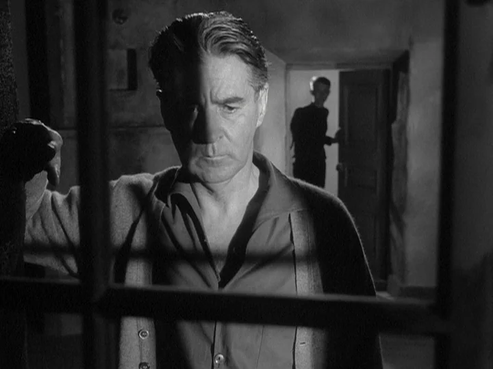 Through A Glass Darkly (1961) movie still: medium — A dark, cramped room featuring barred windows or doors that cast heavy shadows. A man stands in…