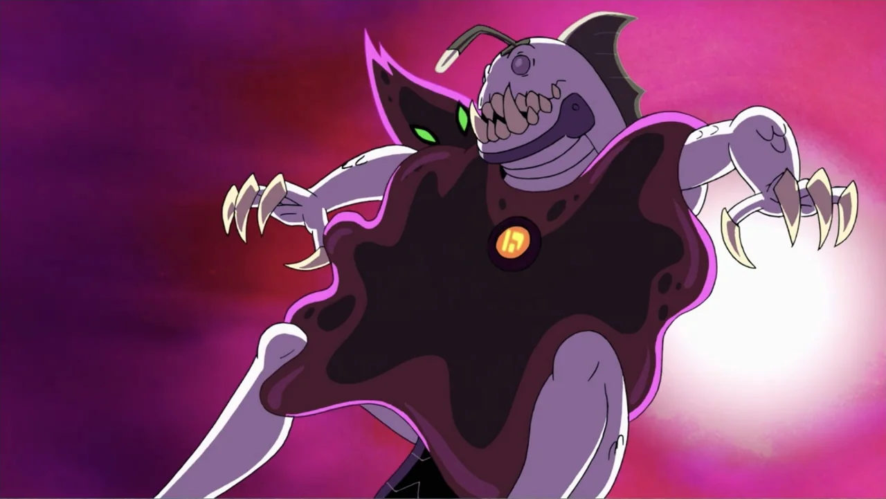 Ben 10 vs. the Universe: The Movie (2020) movie still: medium — A stylized creature with an angler fish head floats against a purple gradient…