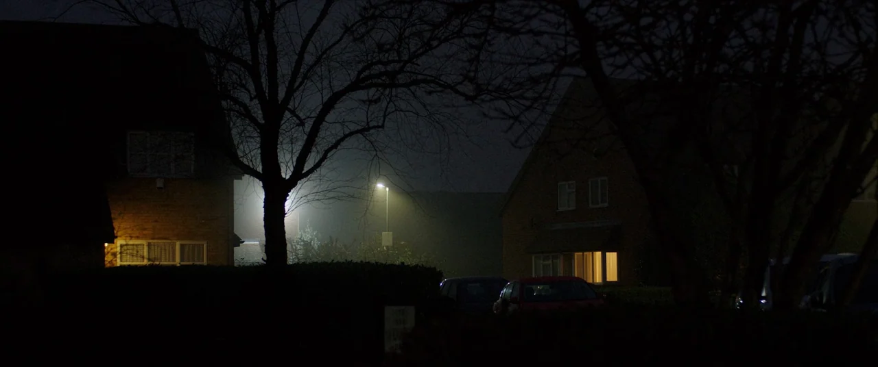 Bull (2021) movie still: establishing — A quiet suburban street features two houses flanking a central road at night. A lone streetlamp illuminates…
