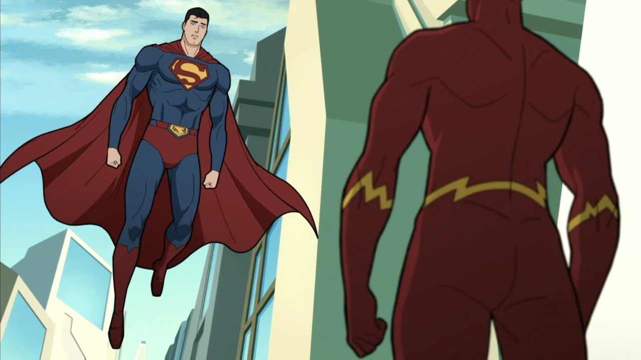 Justice Society: World War II (2021) movie still: fullbody — An urban outdoor setting features tall modern buildings under a bright sky. Superman…