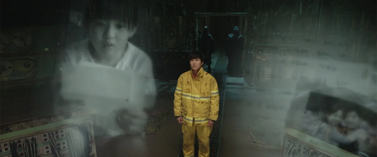 Along with the Gods: The Two Worlds (2017) movie still: medium — A dark subterranean utility space is filled with pipes and metallic machinery…