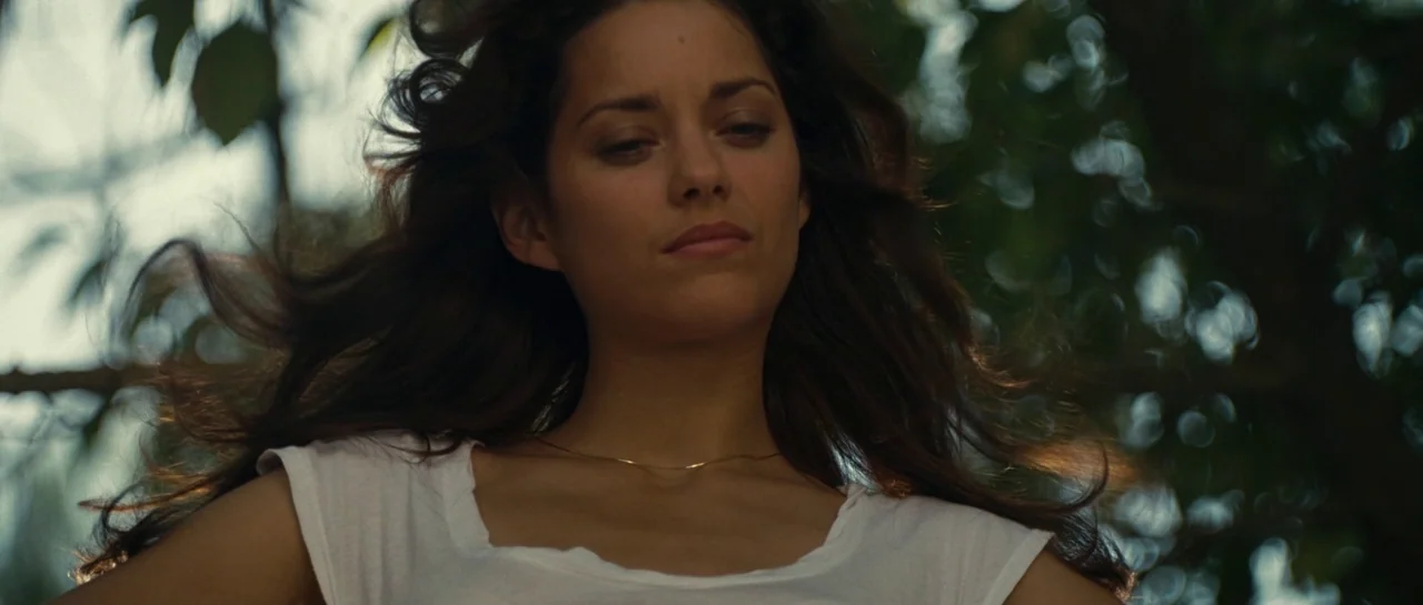 A Good Year (2006) movie still: closeup — A woman stands under leafy trees outdoors during the daytime. The wind blows her hair as she looks down…