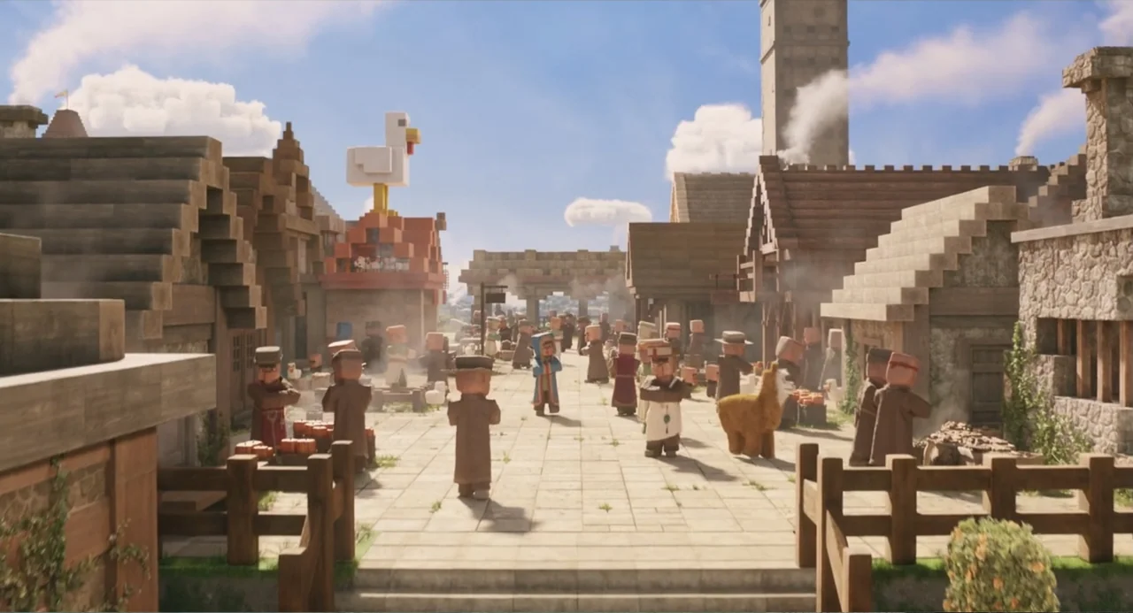A Minecraft Movie (2025) movie still: wide — A bustling village square with blocky buildings constructed from square wooden and stone voxels.…