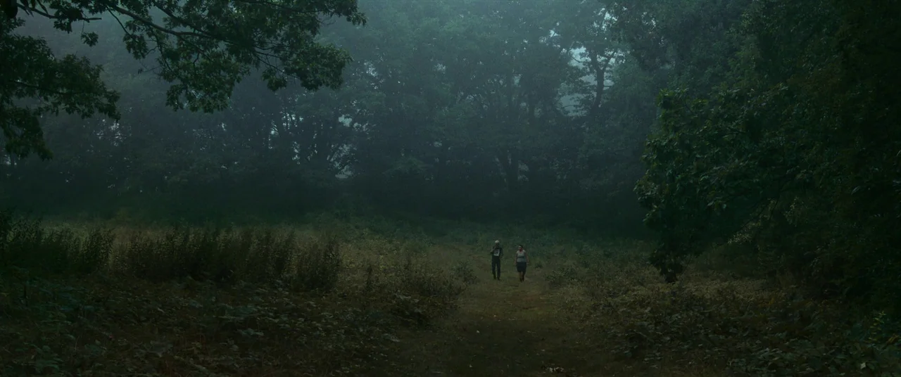 Sound of Metal (2019) movie still: wide — A dense forest borders a wide, grassy clearing under a heavy, overcast sky. Two people walk side by side…