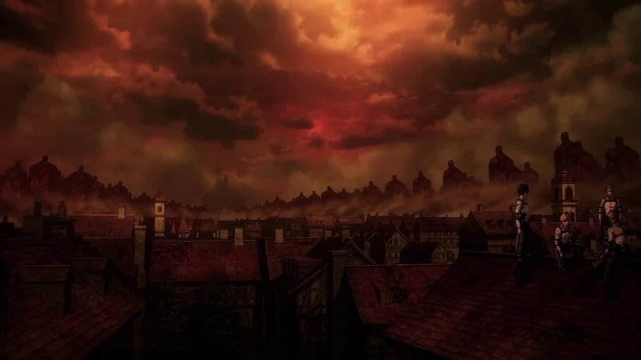 Attack on Titan (2013) movie still: wide — An expanse of rooftops with dark red tiling sits beneath a deep red cloudy sky. A row of massive humanoid…