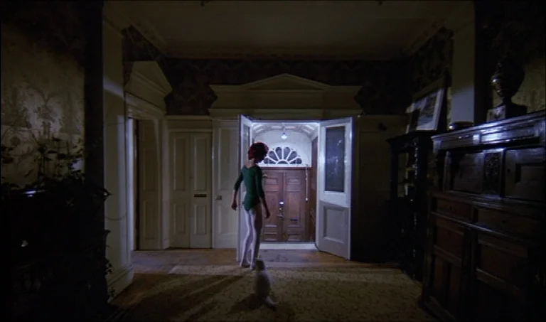 A Clockwork Orange (1971) movie still: fullbody — A dimly lit entryway with floral wallpaper and dark wood paneling leading to a door. A woman in a…