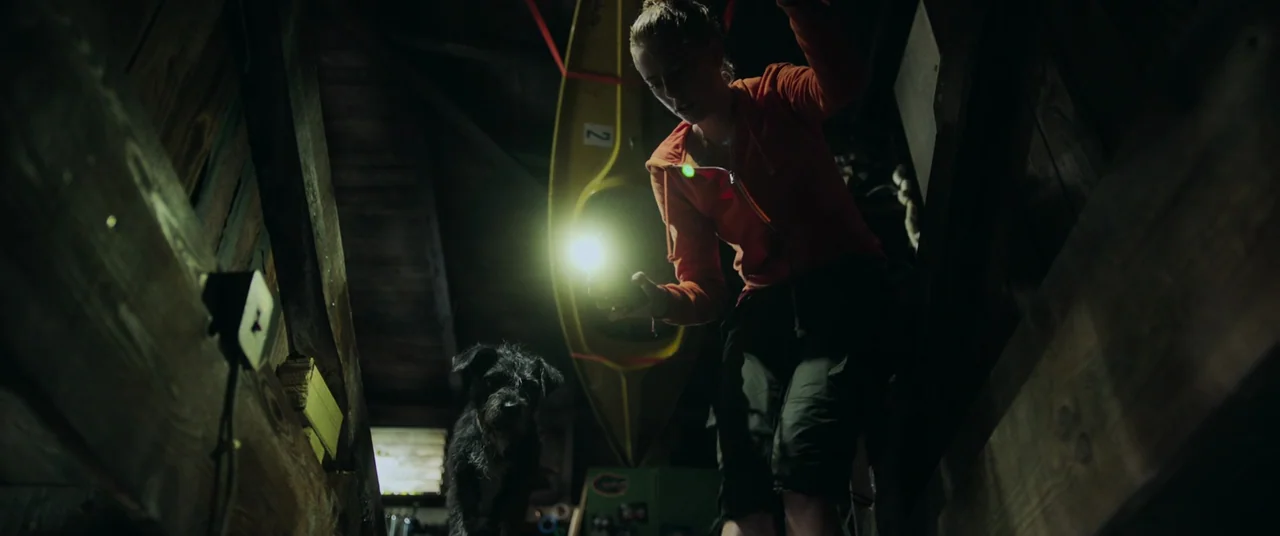Crawl (2019) movie still: medium — A dark, cramped storage space contains wooden rafters and a yellow kayak suspended overhead. A woman stands…