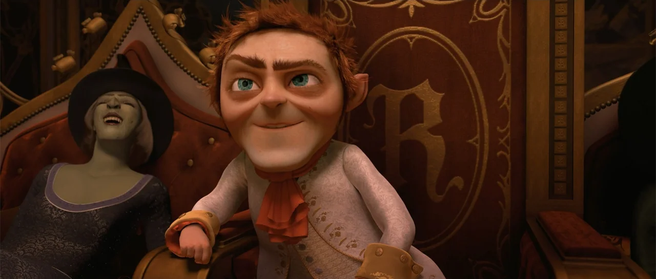 Shrek Forever After (2010) movie still: medium — An interior throne room with ornate red and gold seating and architectural details. A pale man with…