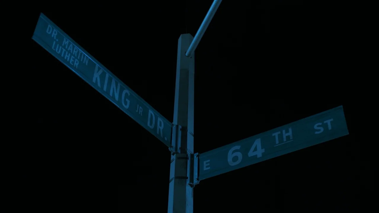 Pass Over (2018) movie still: medium — A metal street sign pole stands against a black night sky. The signs display the intersection of Dr. Martin…
