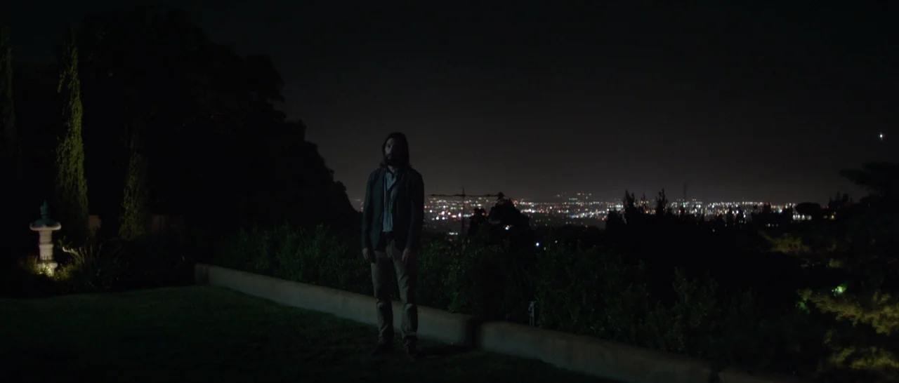 The Invitation (2015) movie still: fullbody — A dark, elevated lawn overlooks a sprawling city at night with distant lights visible. A bearded man…