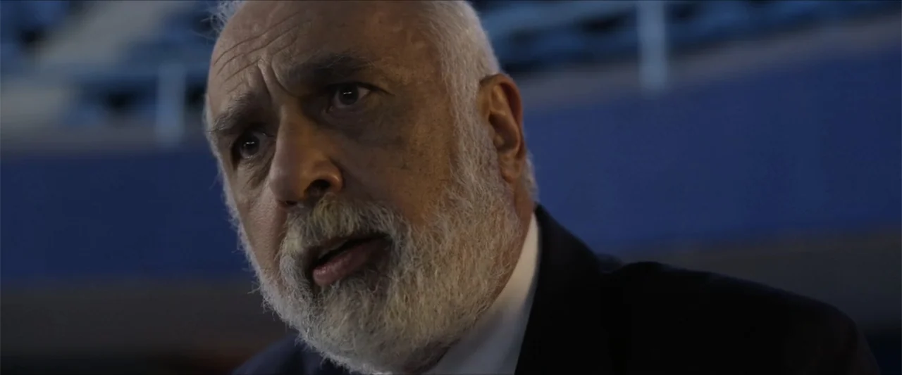 Dive (2013) movie still: closeup — A man with a white beard sits in a dimly lit stadium section. He speaks while facing towards the side of the frame.
