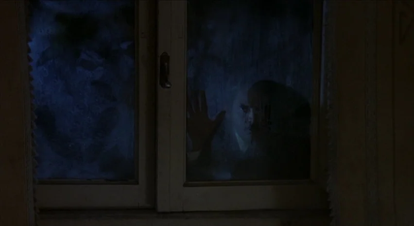 Lisa and The Devil (1973) movie still: medium — A dark, frost-covered window pane isolates the man from the outside world. He stands behind the…