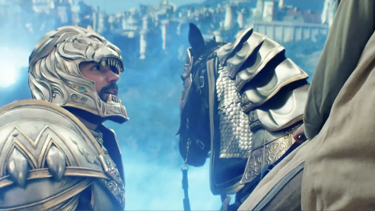 Warcraft (2016) movie still: medium — An outdoor location with blurred architectural structures in the far distance through thick fog. A knight…