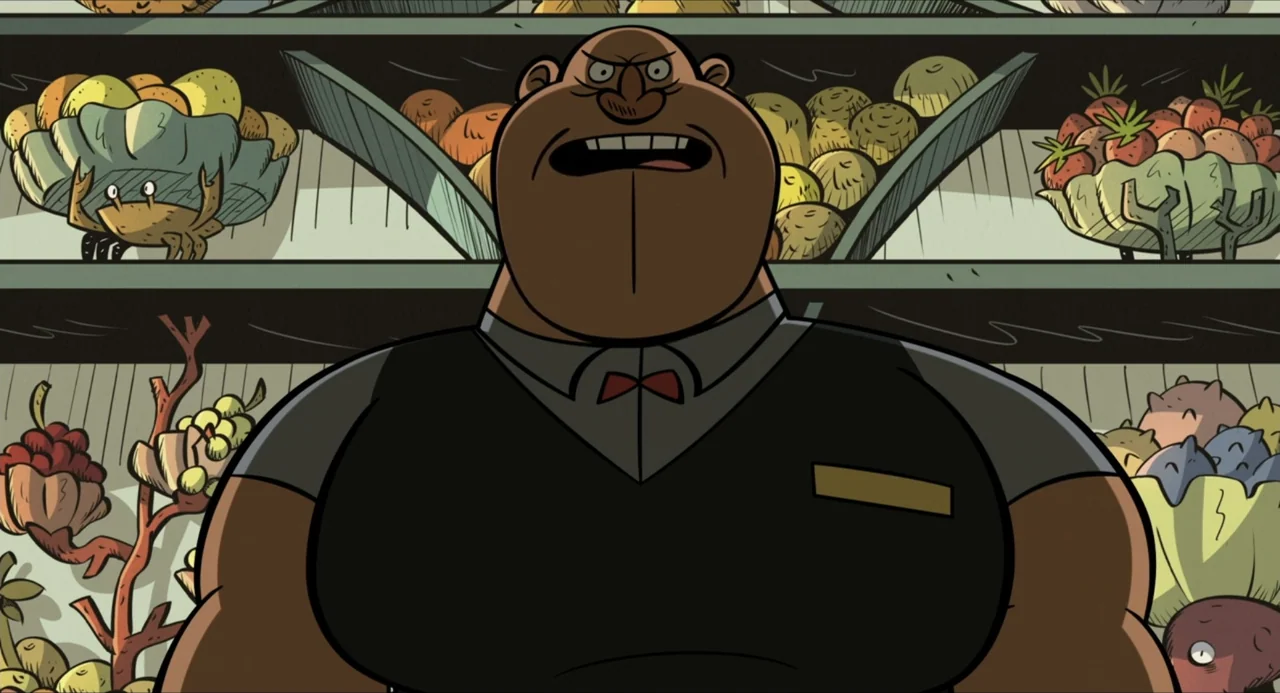 No Time to Spy: A Loud House Movie (2024) movie still: medium — An aisle in a grocery store is stocked with various fruits and vegetables. A large,…