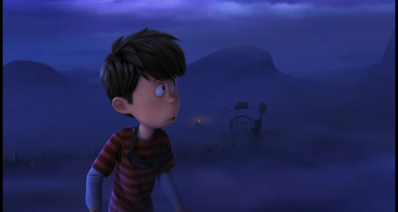 The Lorax (2012) movie still: medium — An open wasteland at night features low rolling hills shrouded in thick blue fog. A young boy in a striped…