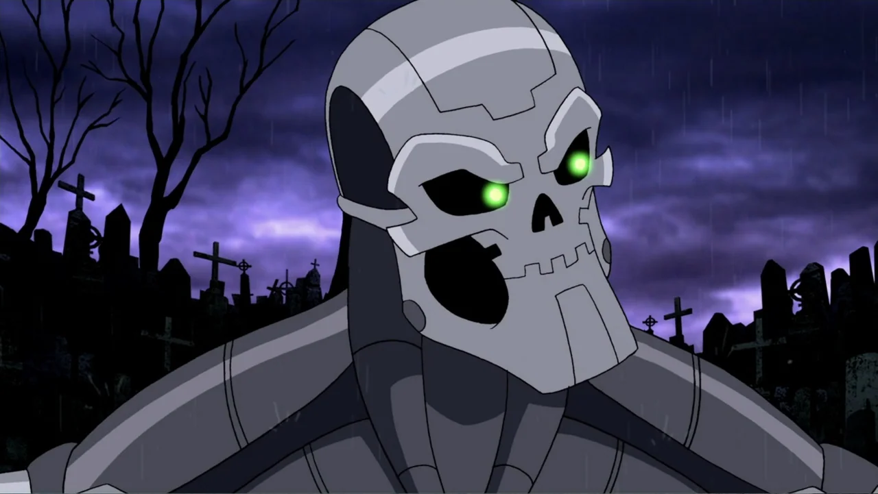 Superman/Batman: Public Enemies (2009) movie still: closeup — A dark graveyard at night under a purple sky with silhouette gravestones and trees. A…