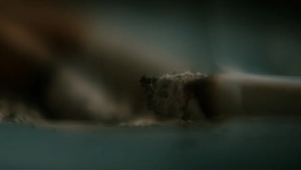 Nightingale (2014) movie still: closeup — A close-up of a lit cigarette resting in an ashtray with accumulated grey ash. The background is blurred…
