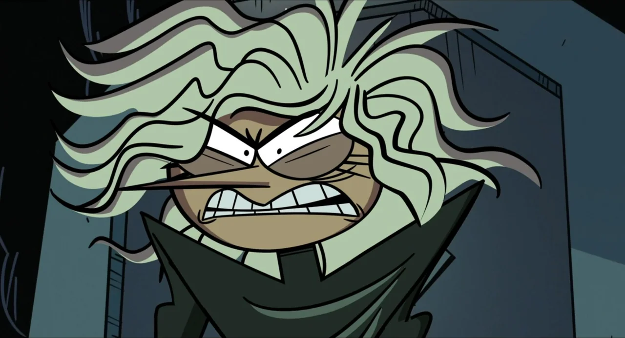No Time to Spy: A Loud House Movie (2024) movie still: closeup — A cartoon character with messy mint-colored hair fills the frame in a dark space.…