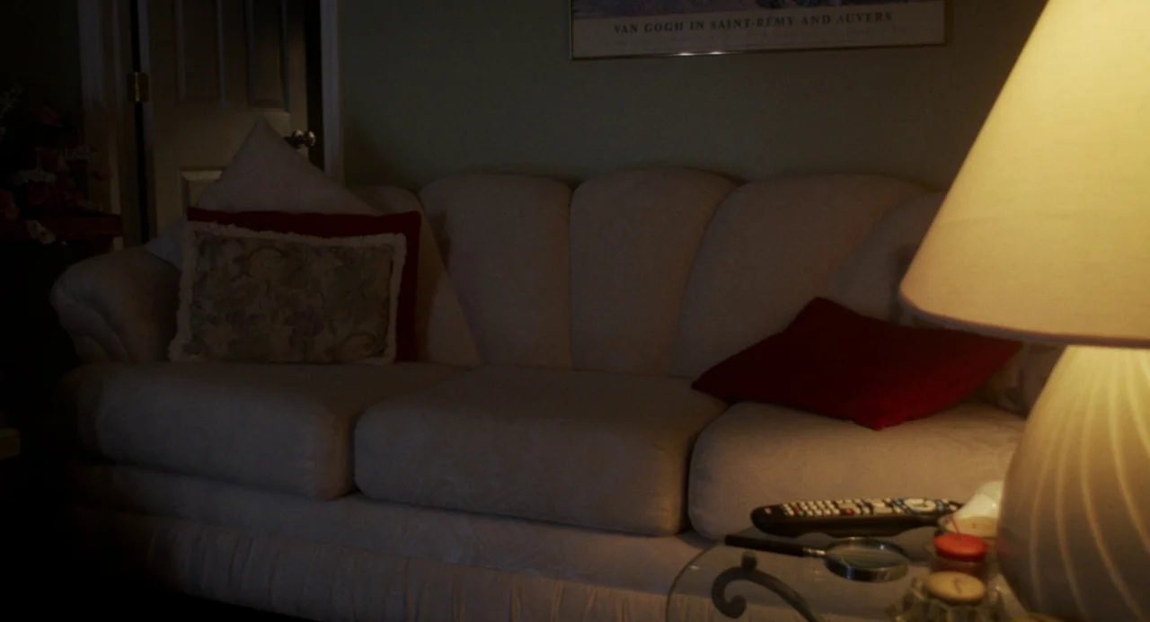 Happer’s Comet (2022) movie still: medium — An empty cream-colored sofa sits in a dimly lit room with dark walls. A table lamp in the foreground…