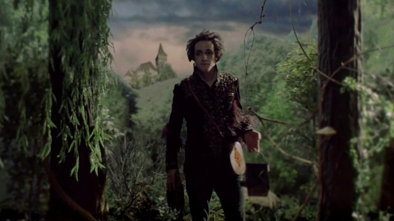 The Field Guide to Evil (2018) movie still: medium — A dense forest setting features a stylized landscape with a distant castle on a hill. A man in…