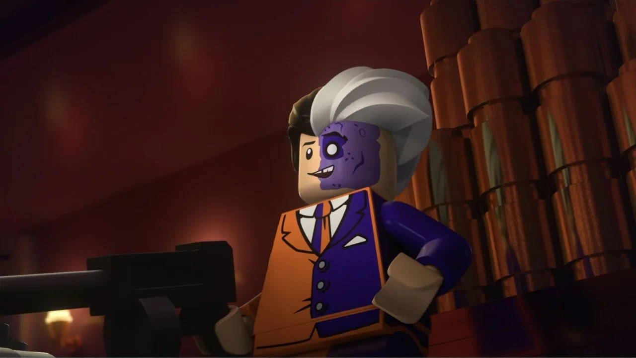 LEGO DC Batman: Family Matters (2019) movie still: medium — A dark indoor space featuring stacked brown industrial canisters in the background. A…