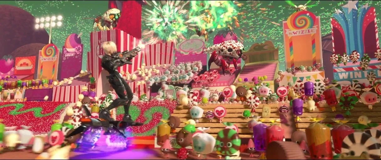 Wreck-It Ralph (2012) movie still: wide — A surreal landscape constructed entirely of oversized colorful candy and sweets under a night sky. A…