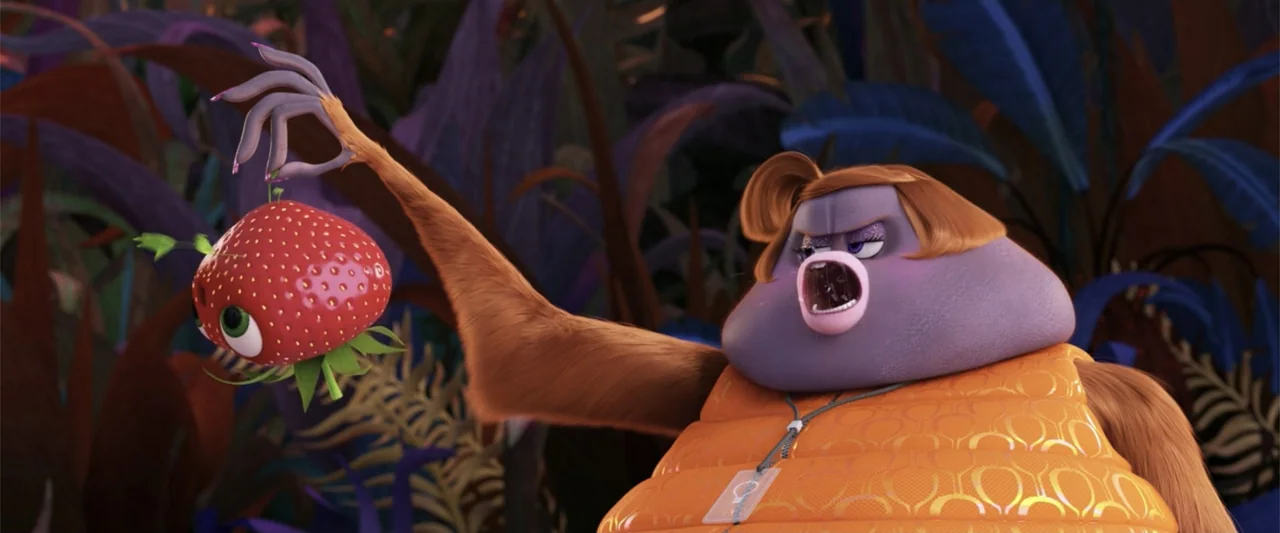 Cloudy with a Chance of Meatballs 2 (2013) movie still: medium — A dense jungle background with dark purple leaves and foliage. A purple-skinned…