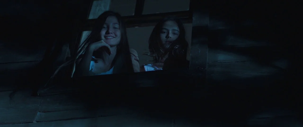 Mustang (2015) movie still: medium — Two young girls look out from a dark wooden window at night. Their faces are illuminated by faint moonlight…