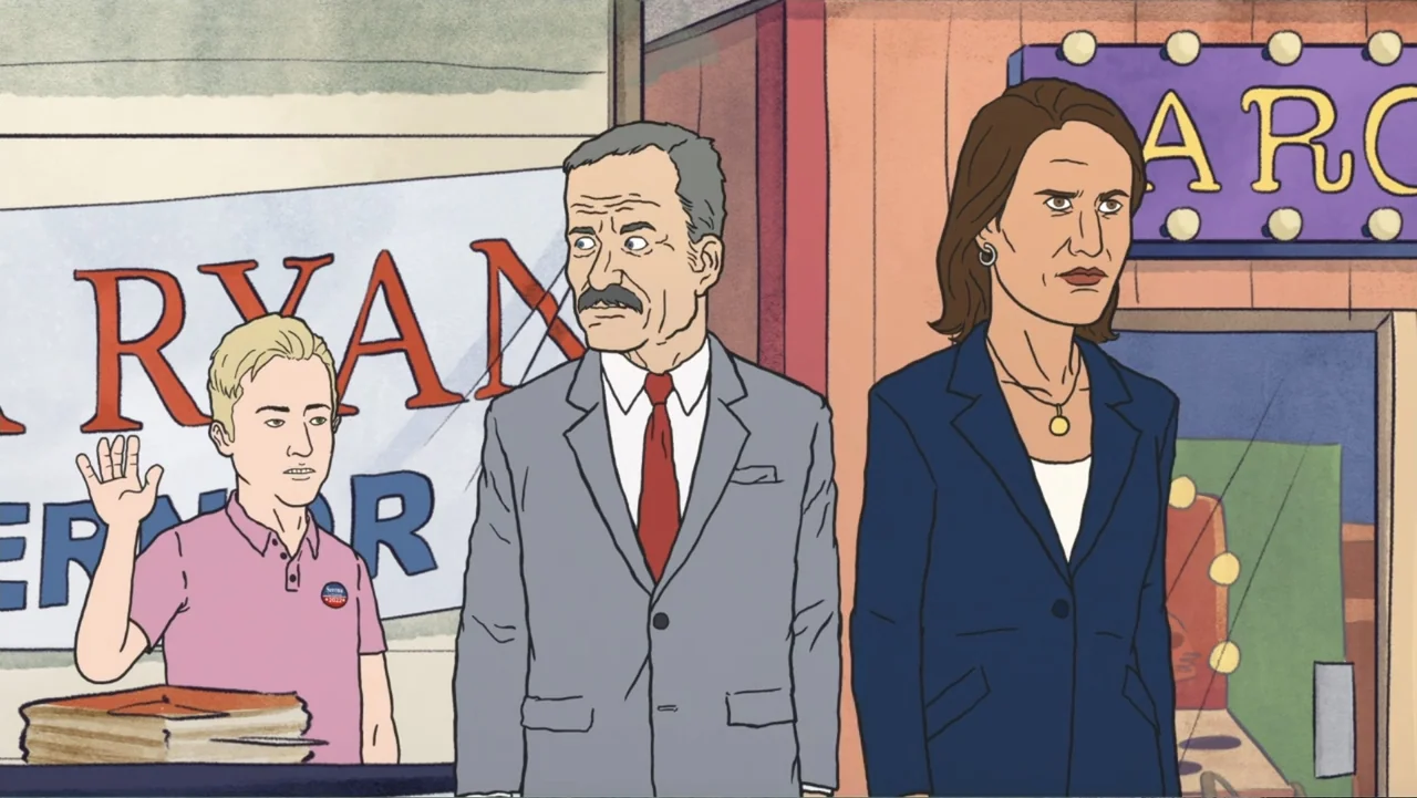 Beavis and Butt-Head Do the Universe (2022) movie still: medium — Three people stand outdoors in front of a building with political signage. A young…